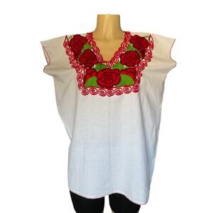 Mexican Embroidered Blouse Artesanal Floral Top White Cotton Boho Festival
